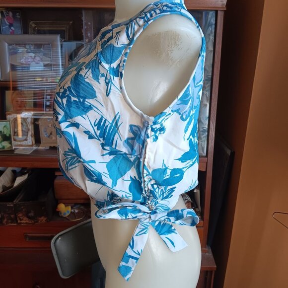 Medium Vintage 1960's Floral Crop Top Side Tie Zip Closure Sleeveless Nylon Blue - Picture 3 of 8